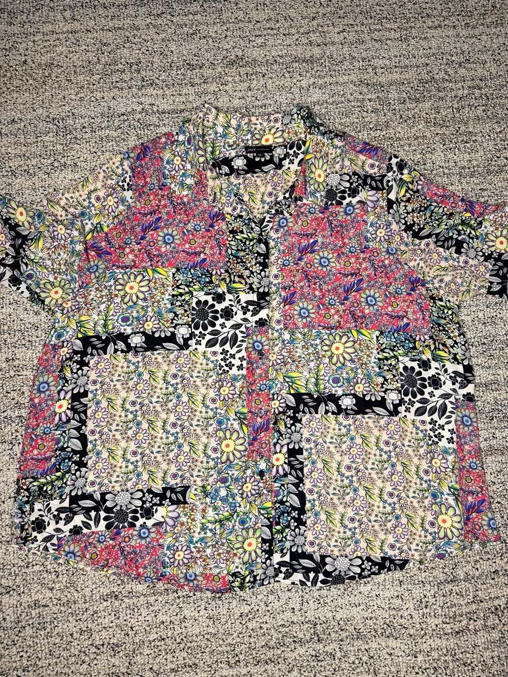 Jones New York Multi-Color Floral Patchwork Button-Down Blouse Size 2X Spring